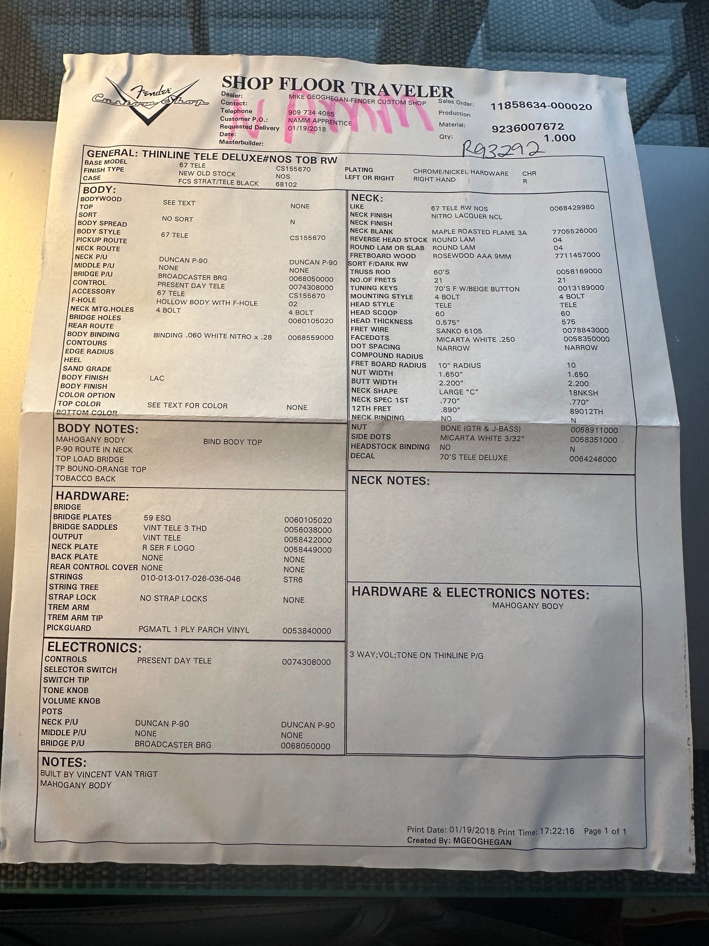 2018 Fender Custom Shop Thinline Tele Deluxe