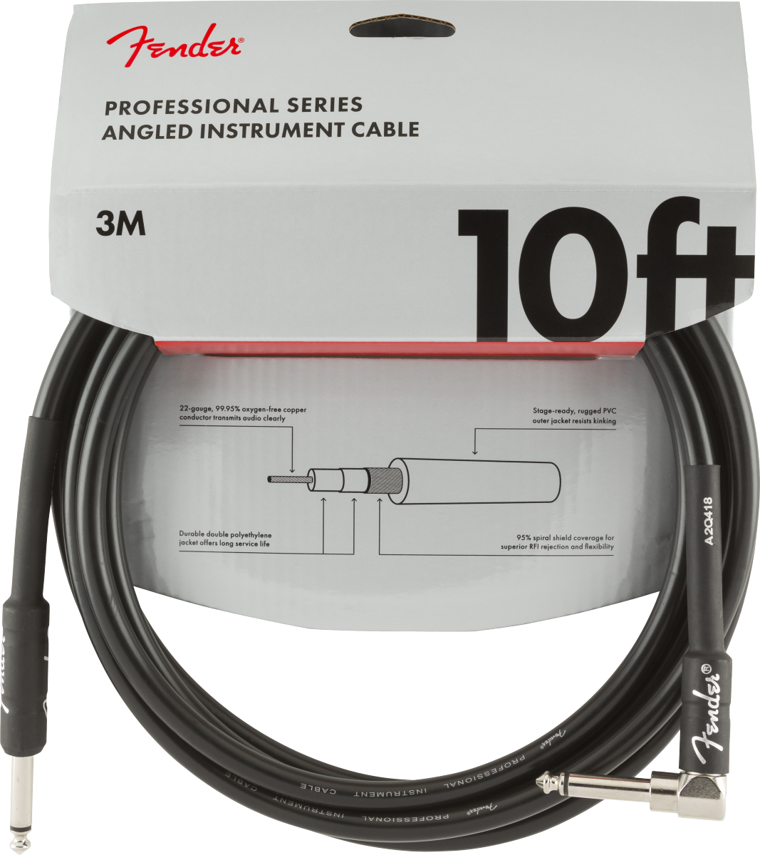 Fender 10' Instrument Cable with Nickel-plated Connectors, Straight - Angled