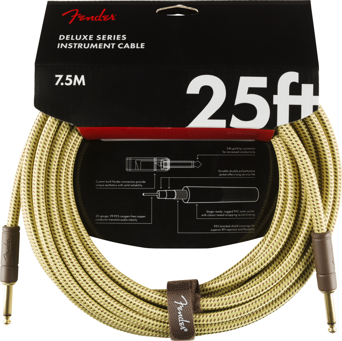 Fender 25' Deluxe Series Instrument Cable - Straight/Straight - Tweed