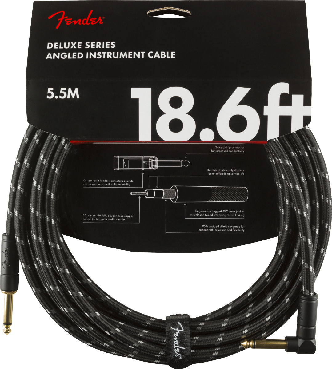 Fender Deluxe Instrument Cable - 18.6' - Black Tweed - Straight to Right Angle