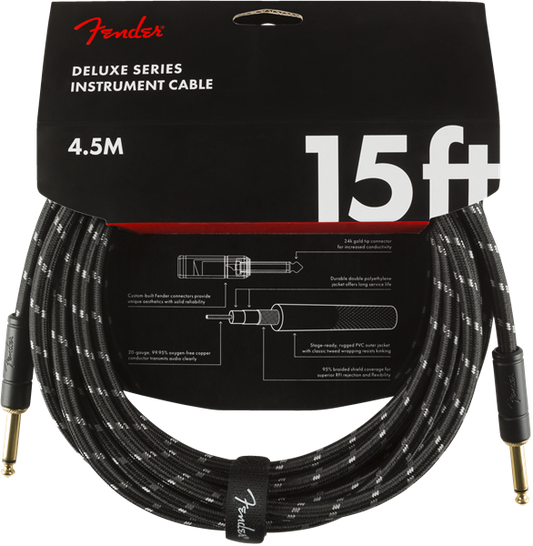 Fender Deluxe Series Instrument Cable, Straight/Straight, 15', Black Tweed