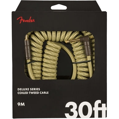 Fender 30' Coiled Instrument Cable with Tweed Wrapping, Gold-plated Connectors, Straight-Angled - Tweed