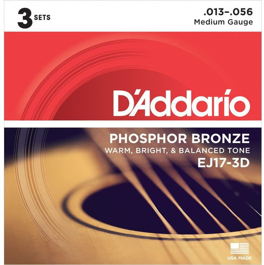 D'Addario EJ12-3D 80/20 Bronze Medium Acoustic Guitar Strings 3-Pack - 13-56