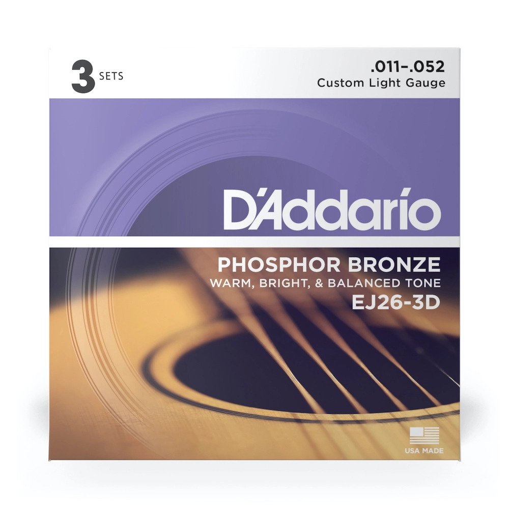 D'Addario EJ26-3D Phosphor Bronze Custom Light Acoustic Guitar Strings 3-Pack - 11-52